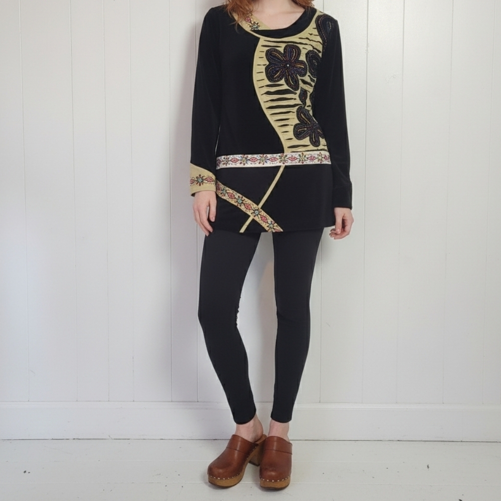 Leopards & Roses Black Velvet Tunic Top Long Sleeve Size Medium Hippie Bohemian
